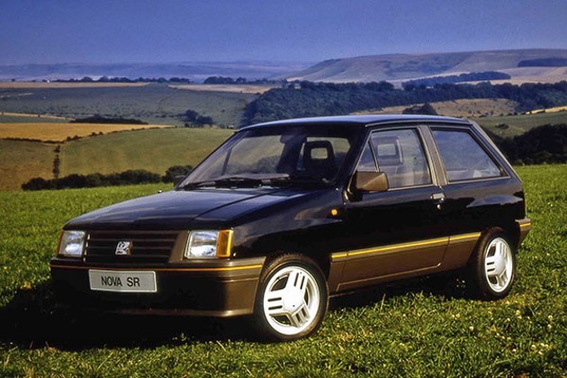 A black Vauxhall Nova parked in a sunny field