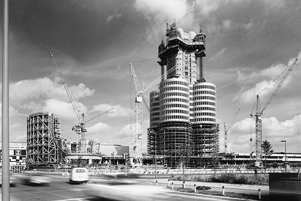 Monochrome Photo Of The Bmw Headquarters In Munich Being Built