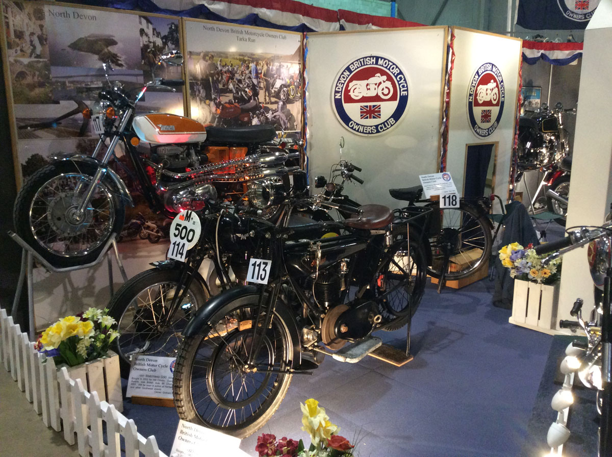 North Devon British Motorcycle Owners Club stand with three motorcycles
