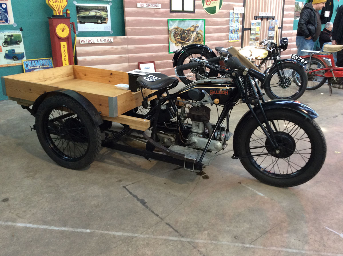 Raleigh motorcycle with wooden trailer