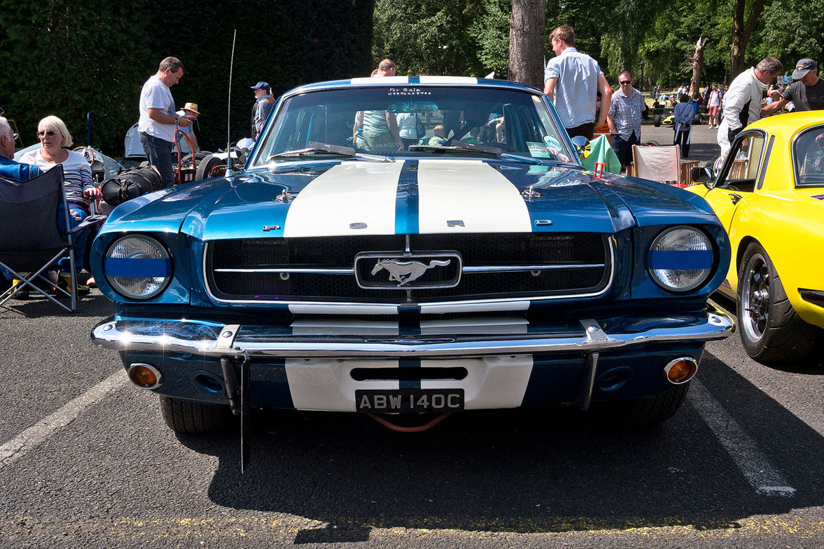 1965 Ford Mustang, blue with white stripes