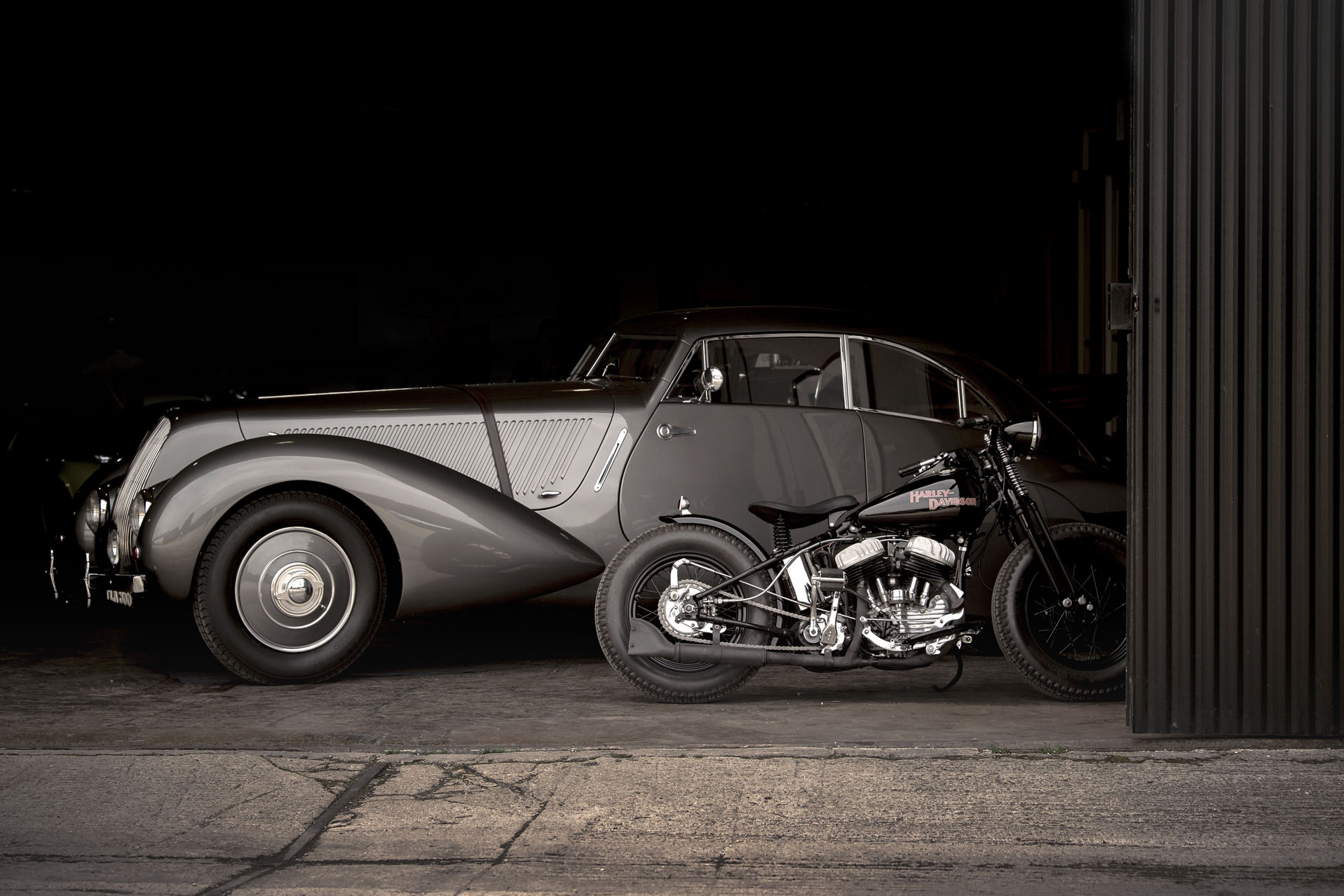 Classic car and Harley Davidson