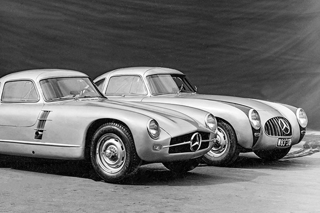 monochrome-photo-of-2-parked-1952-mercedes-benz-300s-racing-cars