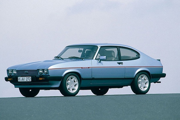A Ford Capri in front of a grey sky