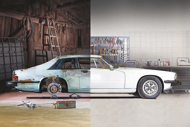 before-and-after-bodywork-on-jaguar-xjs-in-a-garage