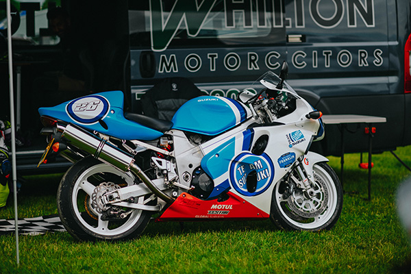 Blue,  White and red, 1998 Suzuki GSX-R750 SRAD, photo Courtesy Classic Bike Track day