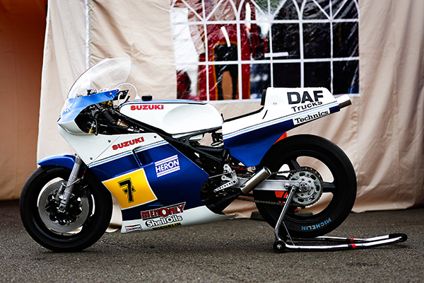 Suzuki RG 500 On a Yoke Stand beside a Marquee, photo Courtesy Classic Bike Track day