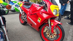 Red and yellow Cagiva Mito 125 at Budworth Classic Bike Show