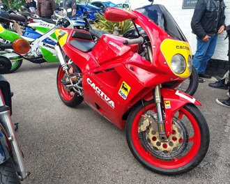 Red and yellow Cagiva Mito 125 at Budworth Classic Bike Show