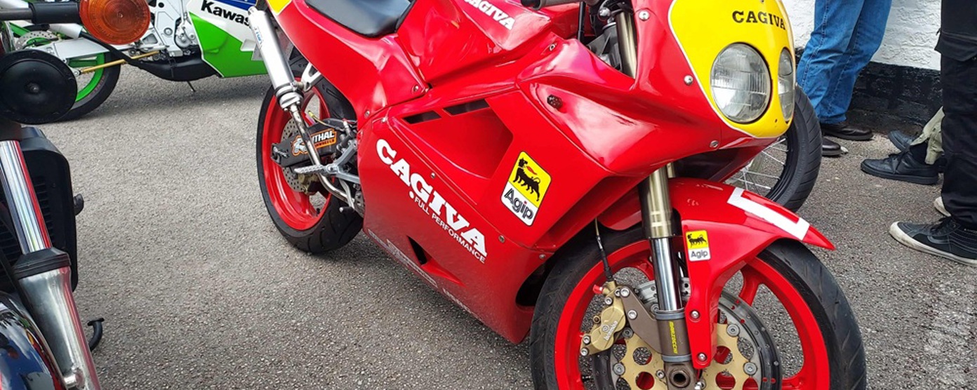 Red and yellow Cagiva Mito 125 at Budworth Classic Bike Show
