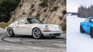 header-2020-bright-blue-volvo-p1800-cyan-driving-on-a-snowy-road-lined-with-trees-cream-singer-porsche-911-on-a-tire-marked-road-with-a-mountain-back