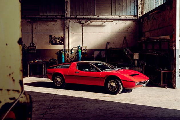 Red Maserati Bora in a garage
