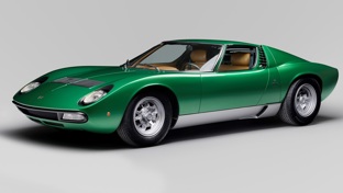 A green Lamborghini Miura on a white background
