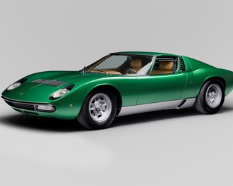 A green Lamborghini Miura on a white background