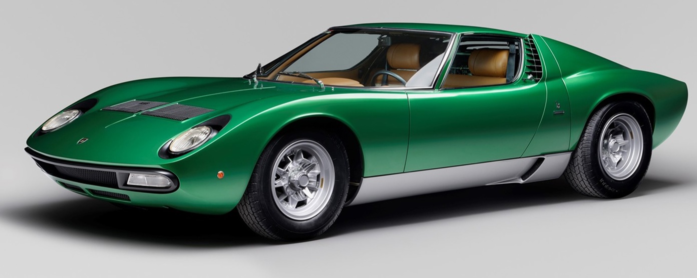 A green Lamborghini Miura on a white background