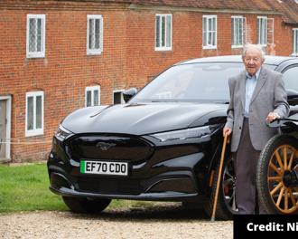 101-year-old Harold Baggott with Ford Mustang Mach-E