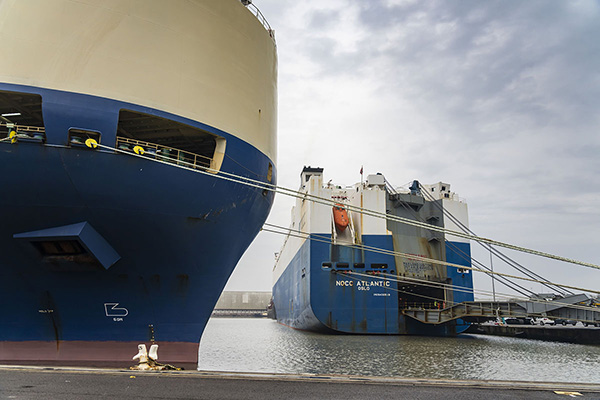 Two Blue And White Car Carrier Ships at a port