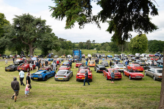rows-of-classic-and-sports-cars-and-the-front-part-of-a-lorry-on-grass-with-trees-as-a-backdrop-and-people-walking-amoung-them