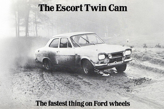 monochrome-ford-escort-twin-cam-the-fastest-thing-on-ford-wheels-driving-on-a-muddy-track