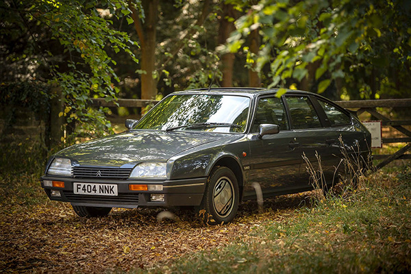 Grey Late 1980's Citroen CX GTi on dried leaves in front of double 5 bar gate and trees